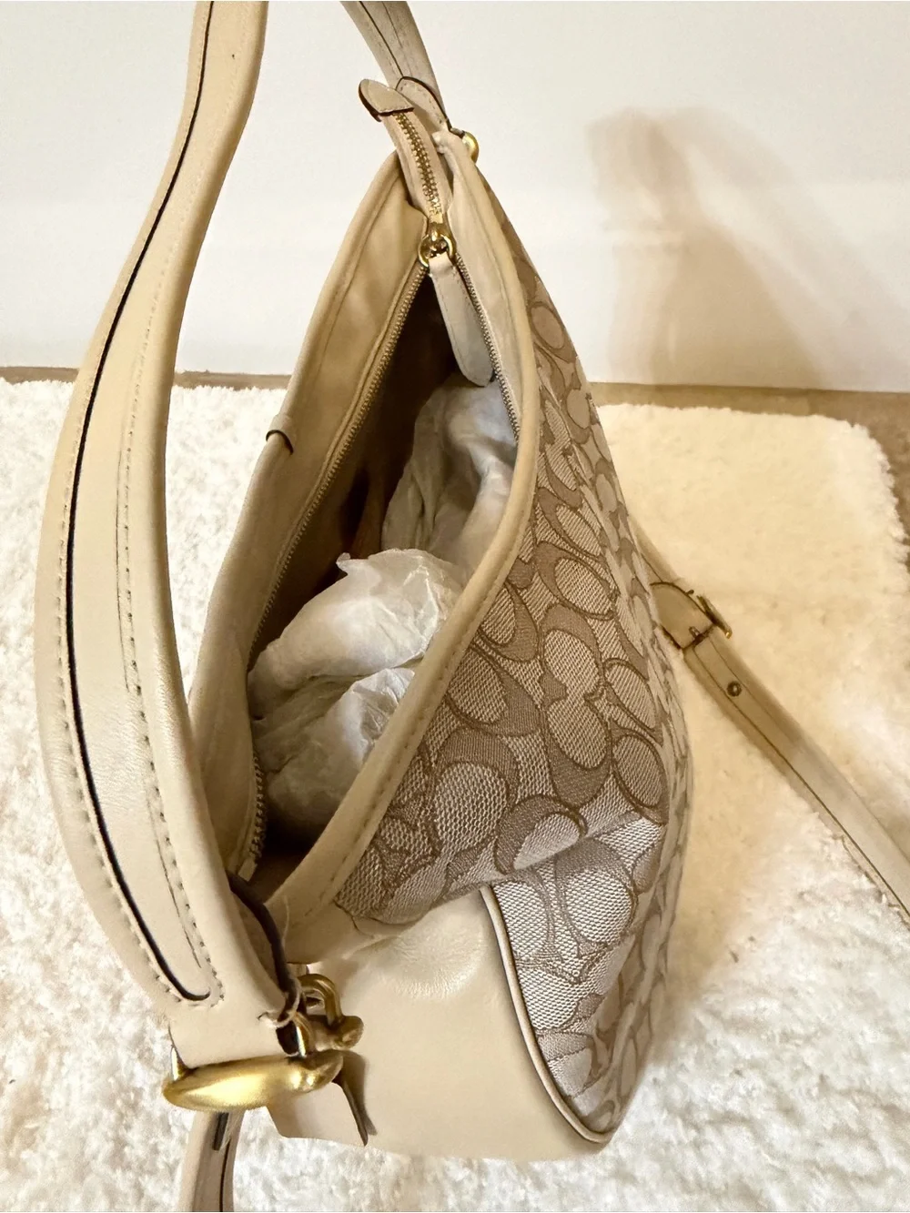 Coach Signature Canvas Hobo in Khaki and Chalk Trim